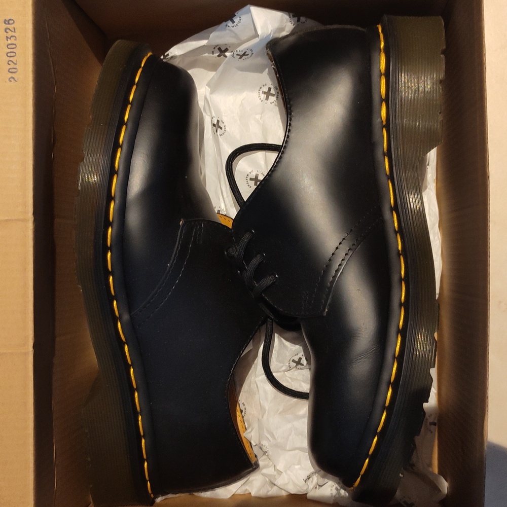 Dr. Martens Black Leather Oxfords with Yellow Stitching